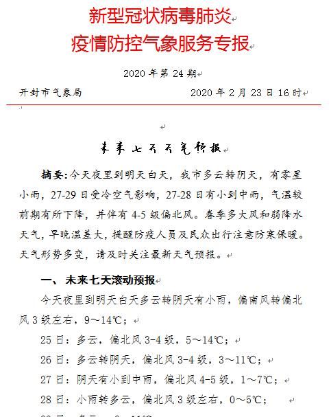 快讯！河南开封气象台发布明（24日）起未来七天天气预报
