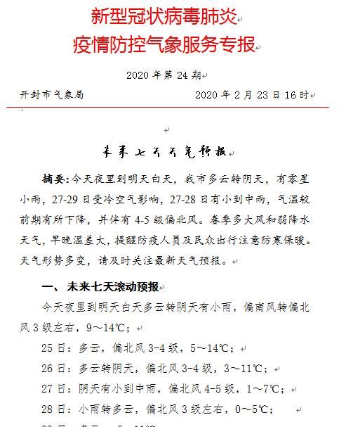 快讯!河南开封气象台发布明(24日)起未来七天天气预报