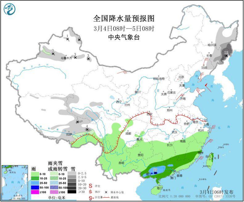 图1 全国降水量预报图(3月4日08时-5日08时)