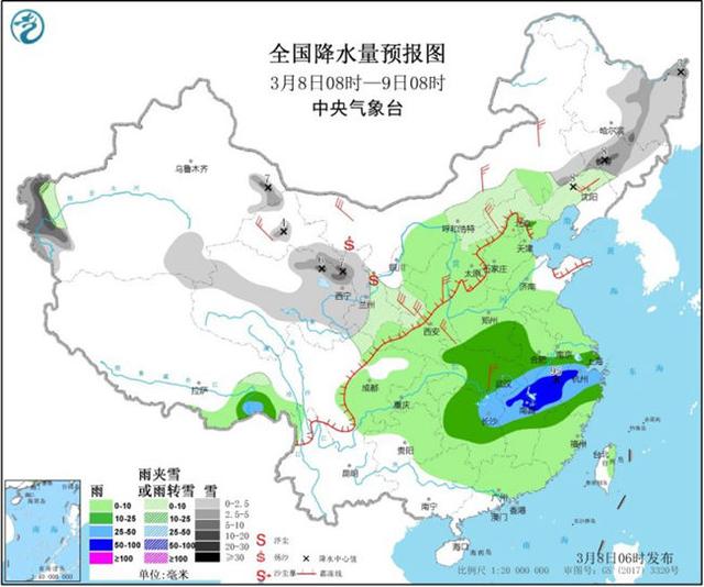 中东部今日雨雪达鼎盛 西北华南气温波动大