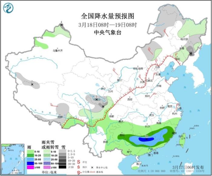 全国降水量预报图（3月18日08时-19日08时）