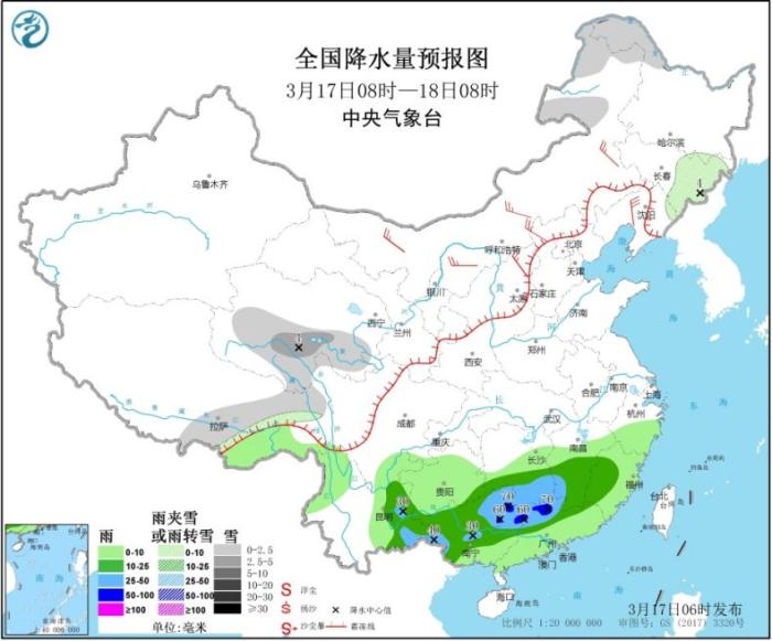 全国降水量预报图(3月17日08时-18日08时)