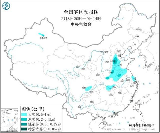 大雾黄色预警持续 全国8省市有大雾天气