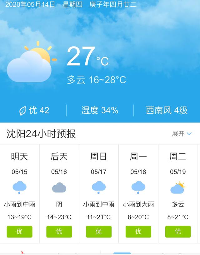 天气快讯！辽宁沈阳明天5月15日起未来五天天气预报