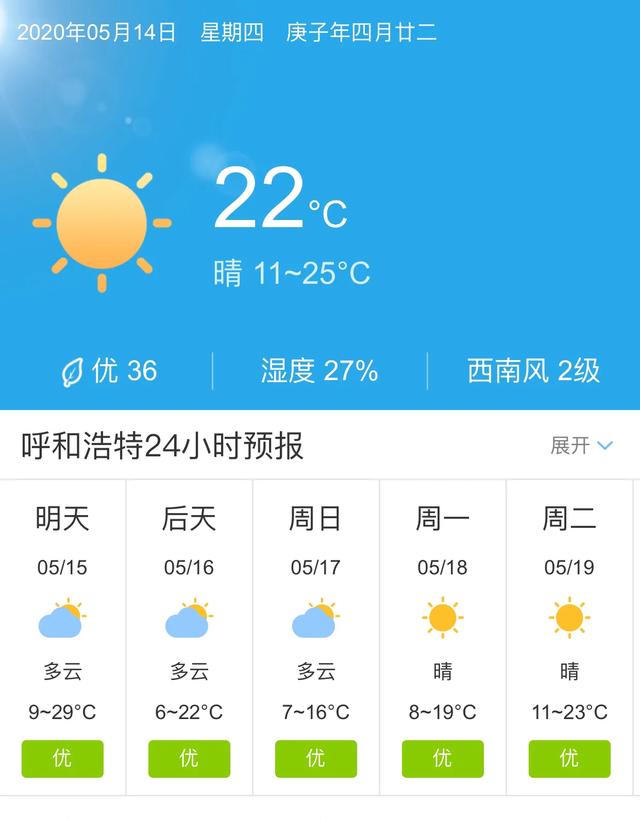 天气快讯！内蒙古呼和浩特明天5月15日起未来五天天气预报