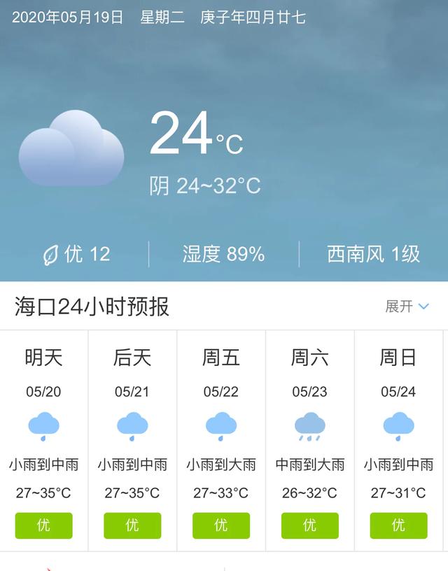 天气快讯！海南海口明天5月20日起未来五天天气预报