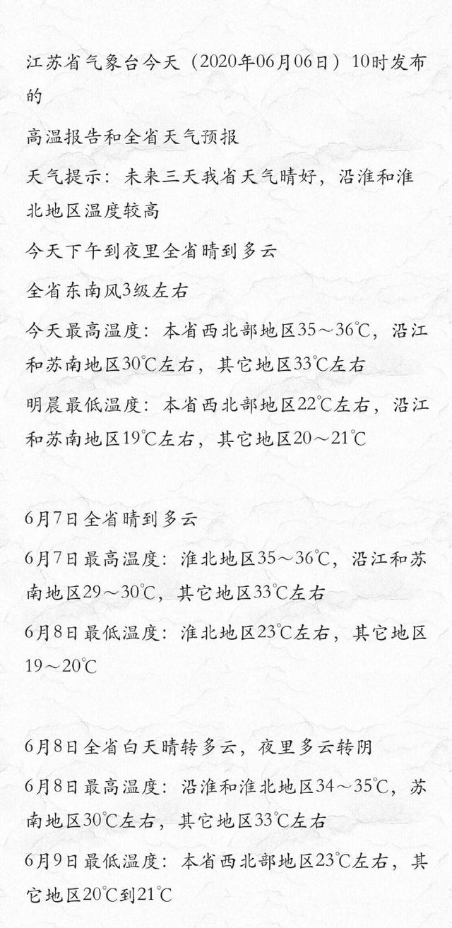快讯！江苏省气象台发布今（6日）起未来三天天气预报