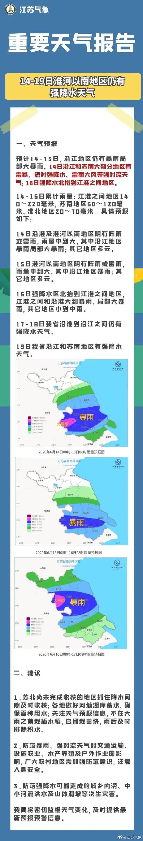 大雨暴雨＋大暴雨，未来5天江苏强降水持续在线，局地雷暴大风！