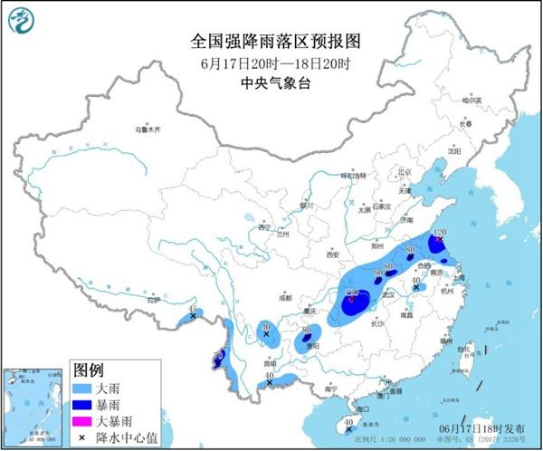 暴雨蓝色预警信号：江苏湖北湖南局地有大暴雨并伴强对流天气