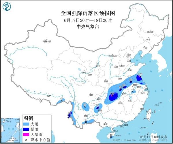 暴雨蓝色预警信号:江苏湖北湖南局地有大暴雨并伴强对流天气