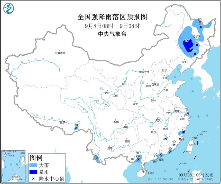 暴雨预警！东北地区有大到暴雨 华南沿海等局地有大雨或暴雨