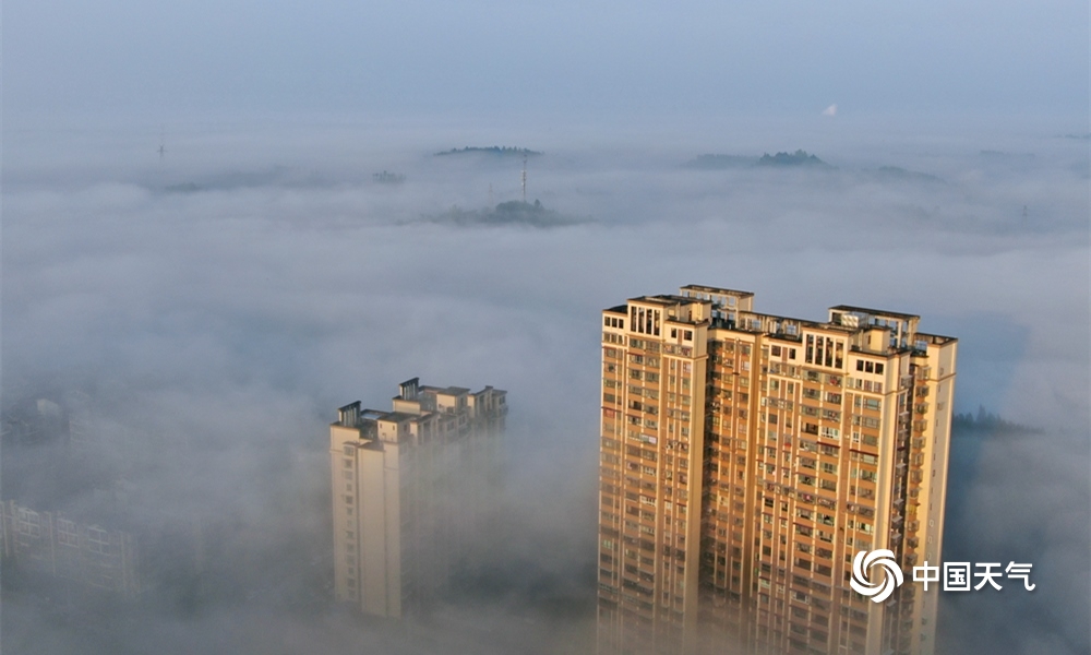 大雾笼罩四川资阳 城市如在云端