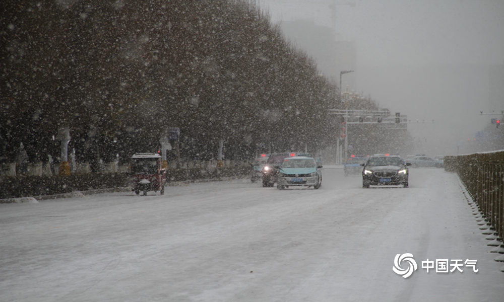 新疆伊犁雪纷飞 行人“慢出行”