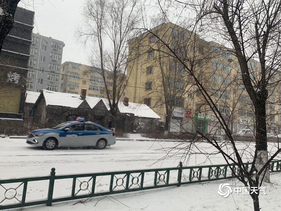 黑龙江佳木斯飘雪 地面一片白茫茫