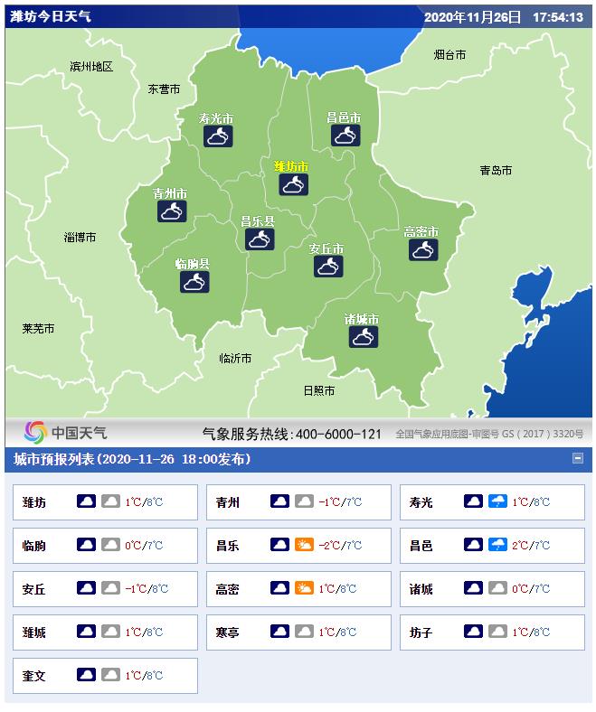 今日20时更新:全国、山东、潍坊,24小时天气预报