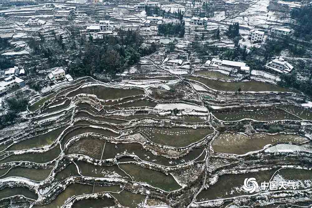 重庆黔江普降大雪 梯田被积雪覆盖美不胜收