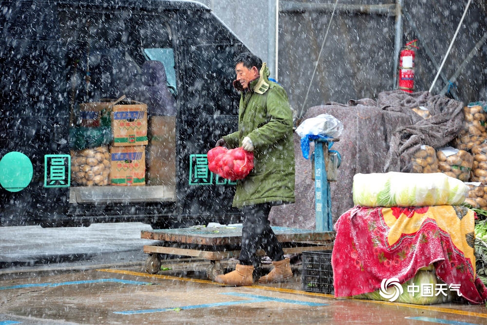 浙江金华漫天飞雪 农产品市场一派繁忙保供应