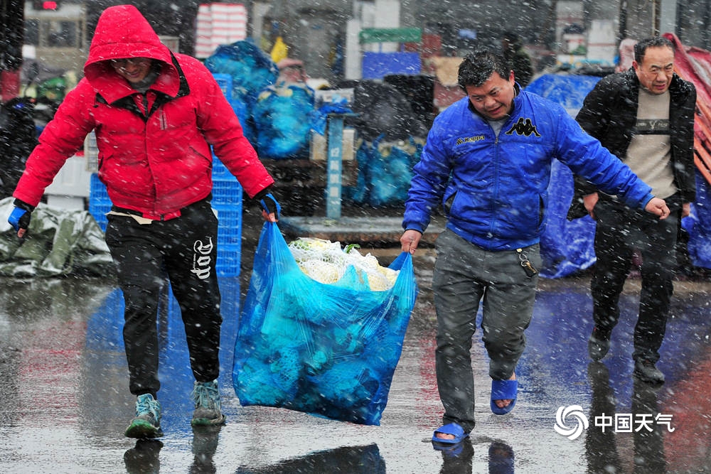 浙江金华漫天飞雪 农产品市场一派繁忙保供应