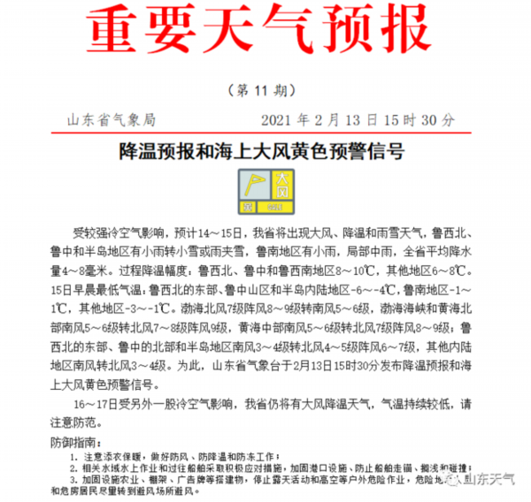 山东大风降温和雨雪天气登场!最低温降至-6℃