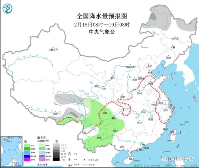 全国降水量预报图(2月18日8时-19日8时)