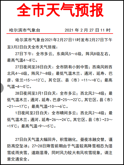 【今日关注】又一轮的降雪降温天气来袭冰城！
