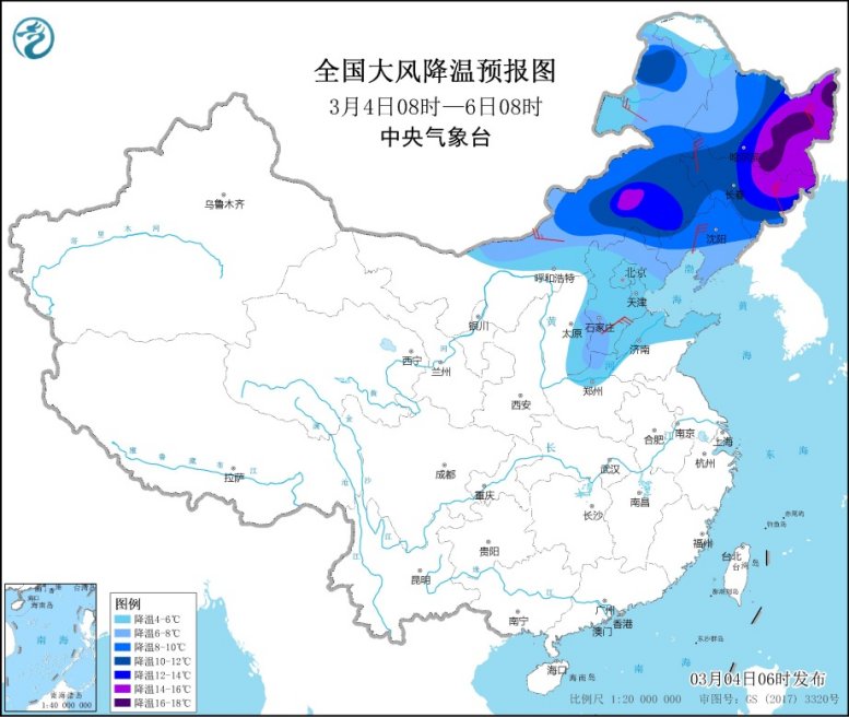 图1 全国大风降温预报图(3月4日8时-6日8时)