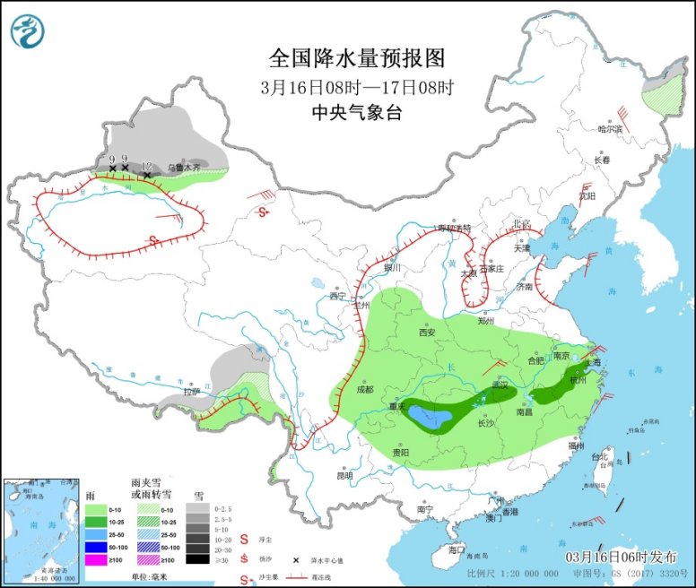 华北中南部黄淮等地仍有沙尘天气 南方大部地区持续阴雨天气