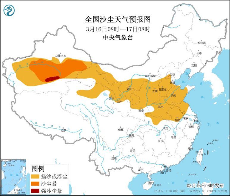 全国沙尘天气预报图(3月16日8时-17日8时)