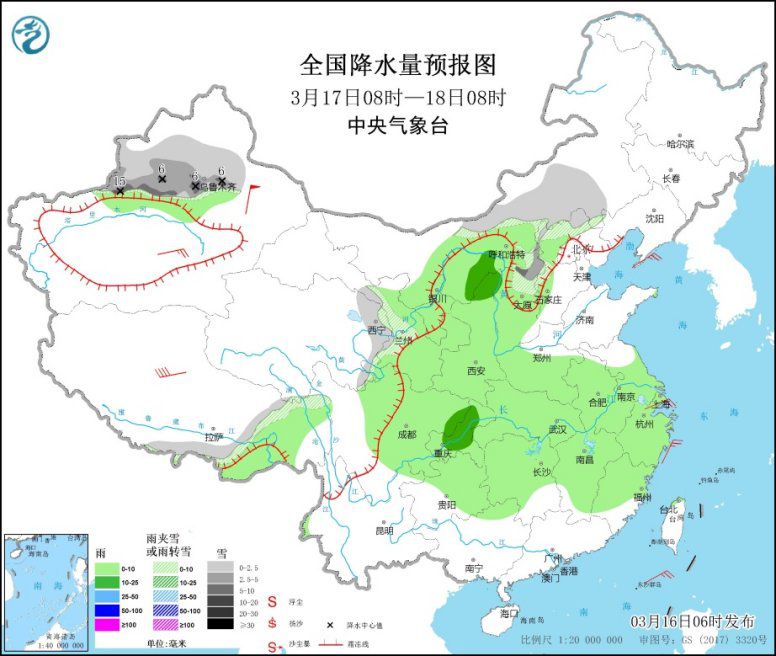 全国降水量预报图(3月17日8时-18日8时)