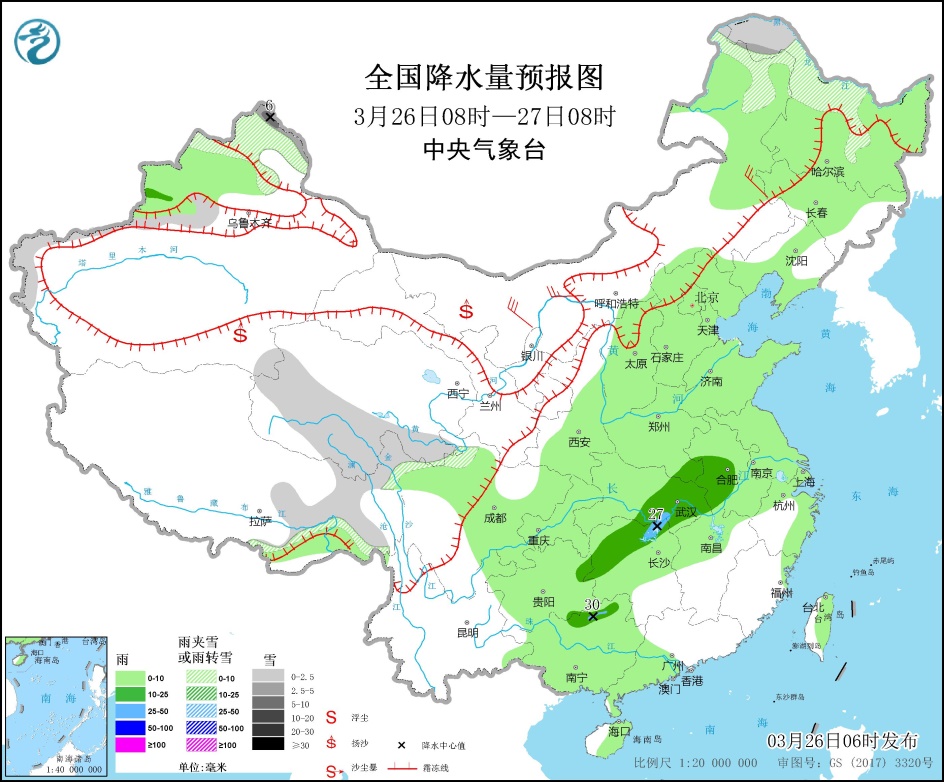 北方地区多沙尘天气 黄海东部海域有大雾 中东部大部有雨雪天气过程