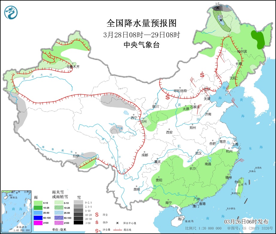 北方地区多沙尘天气 黄海东部海域有大雾 中东部大部有雨雪天气过程