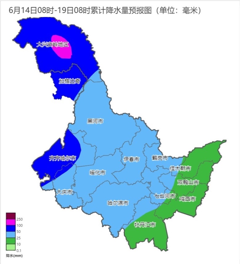 黑龙江省2021年6月14日08时-19日08时累计降水量预报图