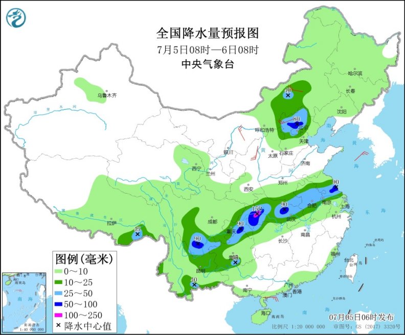 西南地区东部江汉沿淮等地有较强降水华北和东北地区等地多雷阵雨天气