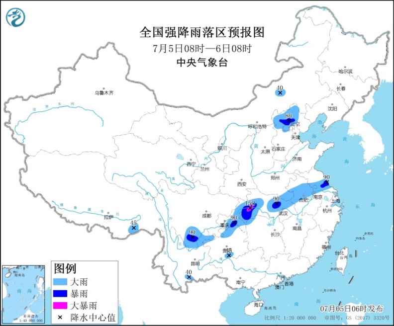 西南地区东部江汉沿淮等地有较强降水华北和东北地区等地多雷阵雨天气