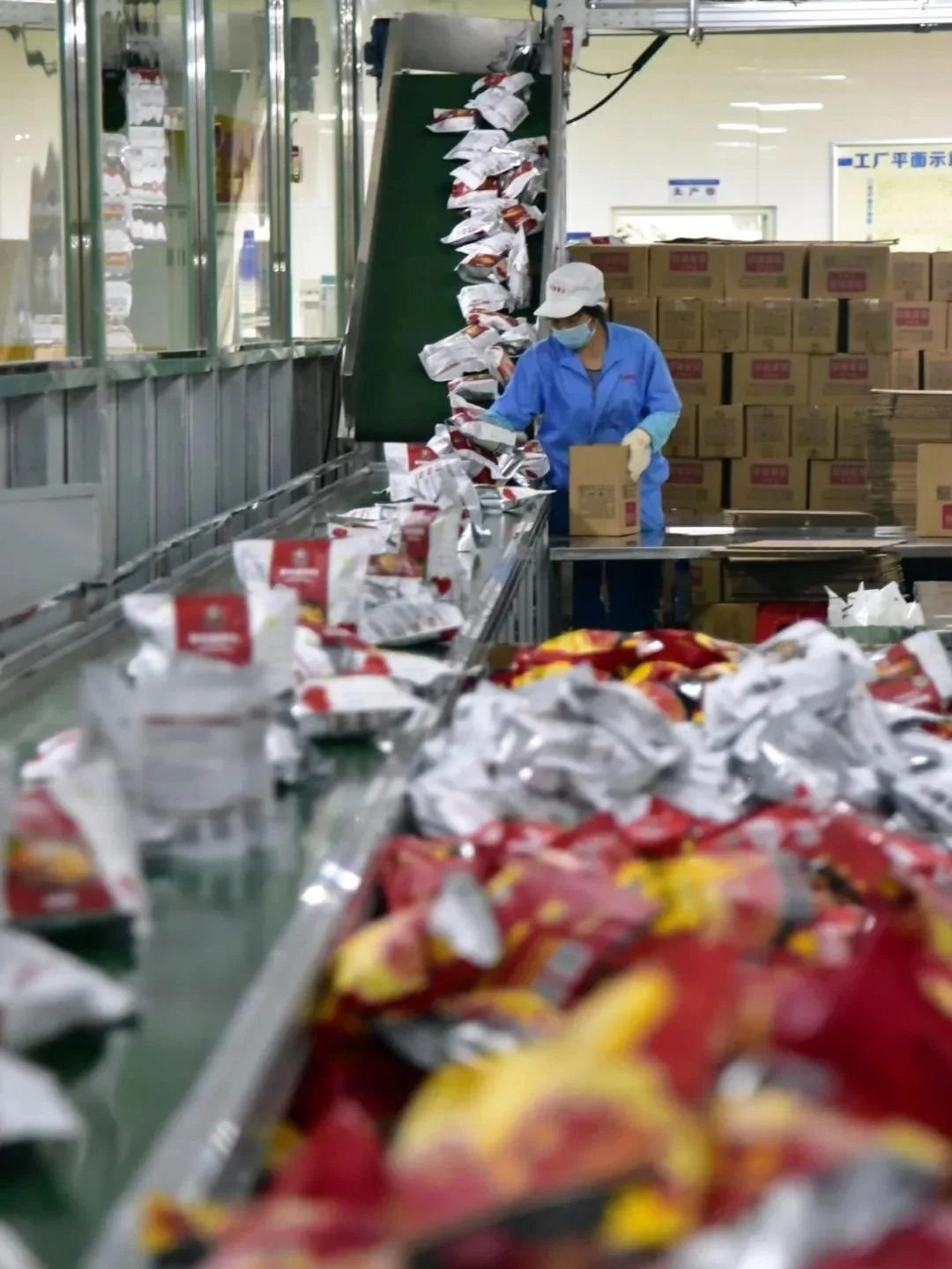 柳州的一家预包装螺蛳粉企业，工人们正在生产备货，为即将到来的双十一做准备