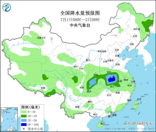 图为7月1日到3日的全国降水区域预报(数据来源@中央气象台)